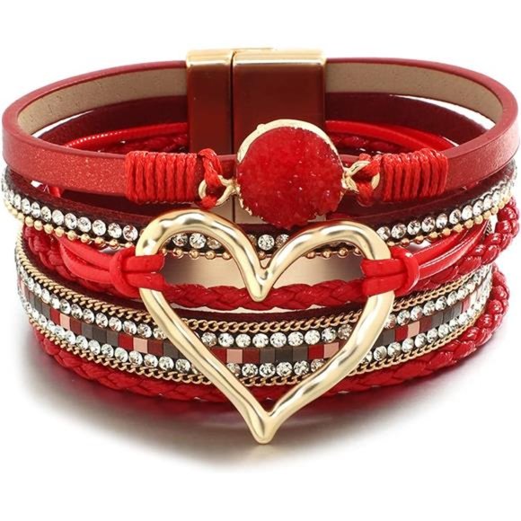 Crystal Heart Beaded Leather Wrap Bracelet for Women - Picture 6 of 6